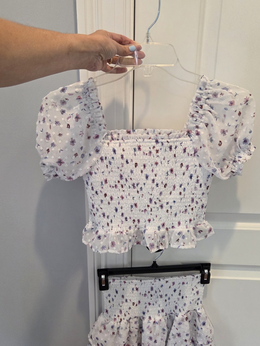Aqua White Floral Smocked Crop Top — Purple & Pink Accents
